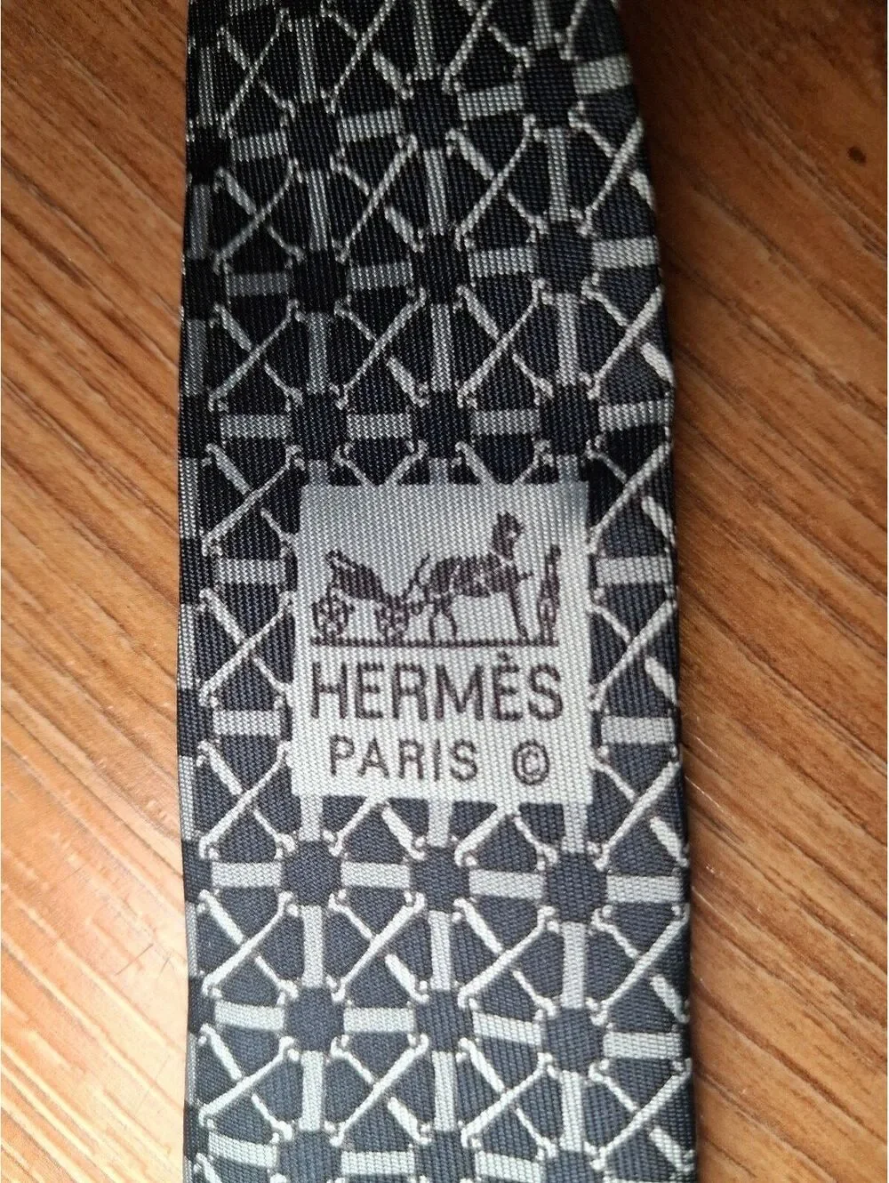 VINTAGE Hermes 100% Silk Tie Black Gray Geometric France